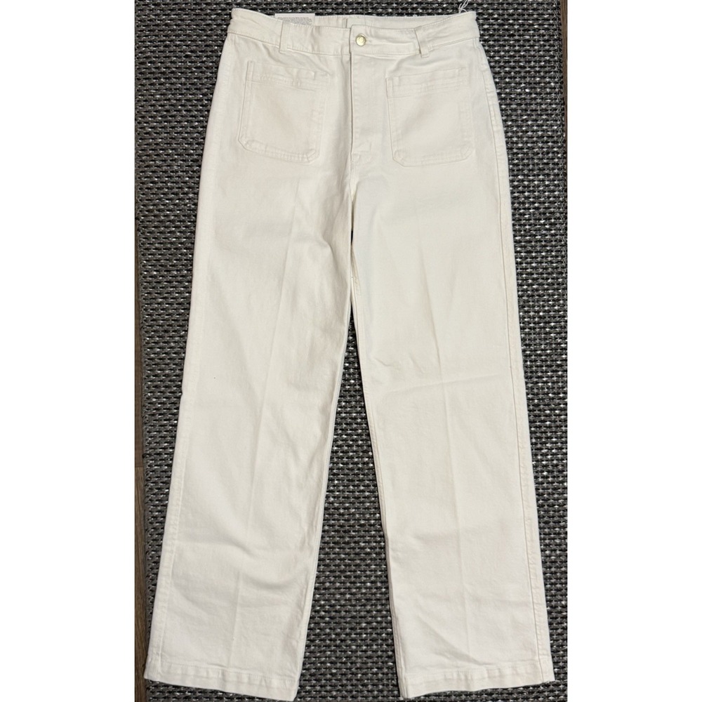 H&M Womens Wide Leg High Waist Patch Front Pockets White Denim Sz 10 NEW